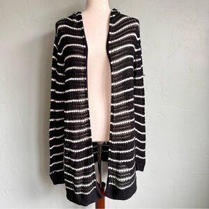 GAP Women Black White Stripe Hooded Open Front Open Knit Cardigan Sweater LG EUC
